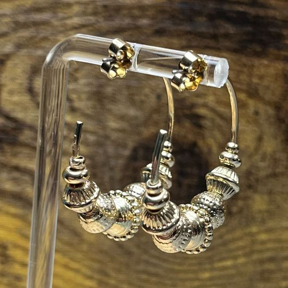 Gold Open Hoops w/ Gold Beads - Picture 3 of 7